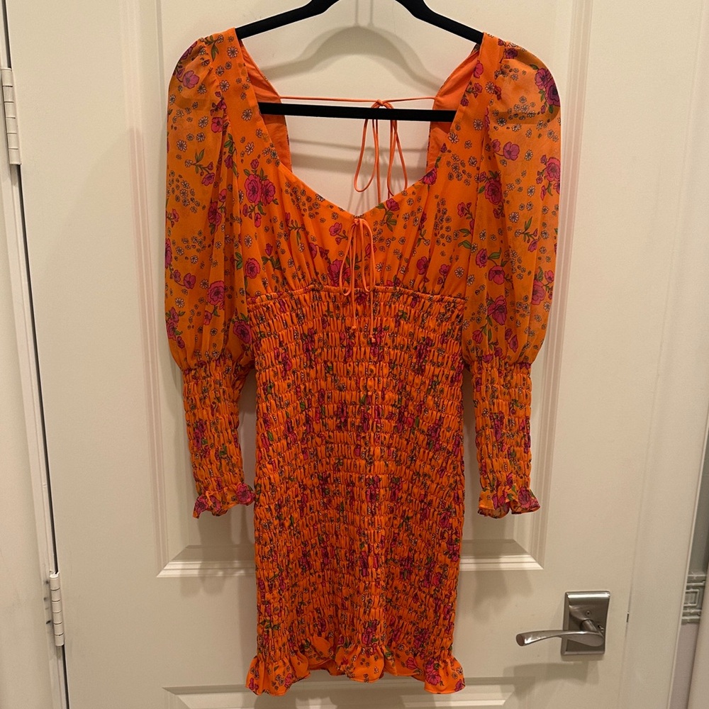For Love & Lemons Orange Pink Peony Floral Smocked Mini Dress XS